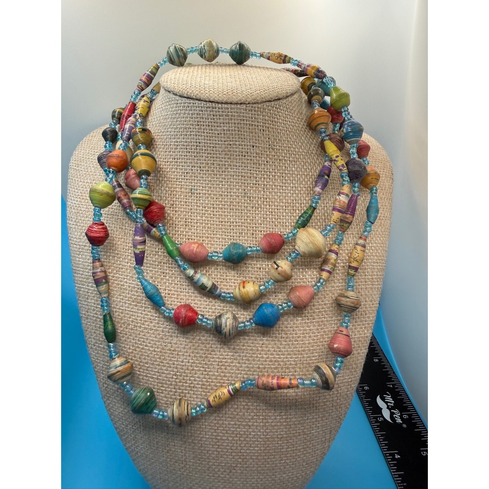 Handmade Rolled Paper Bead Long Necklace Multicolor Boho Upcycled 52 Inch